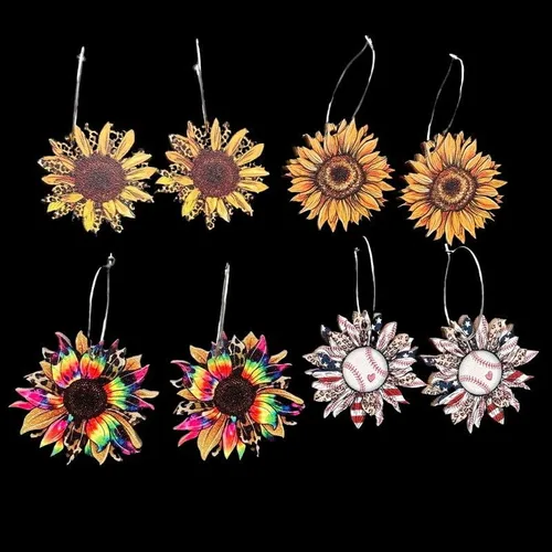 Vista 3 de Aretes colgantes con diseño de margarita de girasol amarillo y margarita con diseño de bandera estadounidense, aretes colgantes de madera