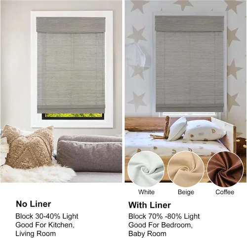 Vista 5 de Persianas romanas de bambú, persianas de madera tejidas a medida, sin cordón, color gris beige, persianas de bambú natural para puertas y ventanas