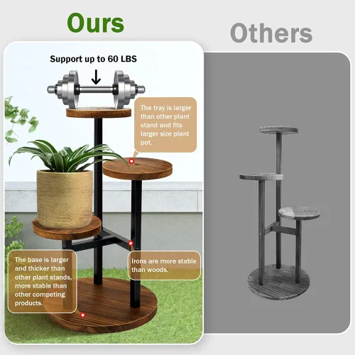 Vista 6 de AUGOSTA - Soporte para plantas de 3 niveles, estante alto de metal y madera para exhibición en interiores y exteriores, soporte para macetas