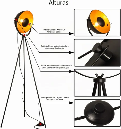 Vista 4 de COSYLUX Lámpara de pie con trípode industrial para sala de estar, moderna lámpara de pie alta satélite para dormitorios, oro negro (sin bombillas)