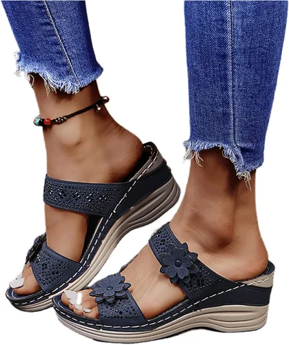 Vista 4 de Ladmiple Sandalias ortopédicas florales de moda 2023 con soporte de arco, zapatillas romanas casuales con puntera abierta