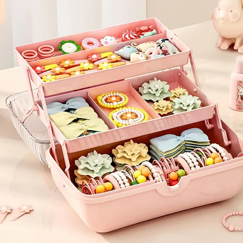 Vista 9 de Caja organizadora de accesorios para el cabello, caja de almacenamiento portátil de 3 capas, caja de herramientas de plástico multifuncional