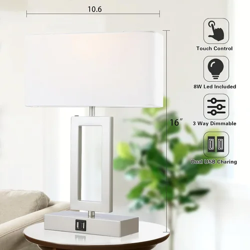 Vista 4 de gernehop - Juego de 2 lámparas de mesa plateadas con puertos USB duales, lámparas de noche con control táctil regulables de 3 vías, lámpara de mesa