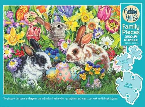 Vista 4 de Cobble Hill Family Piece's 350 Puzzle – Conejitos de Pascua – Póster de muestra incluido