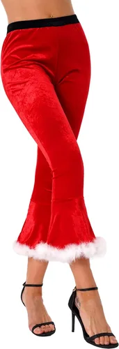 Vista 2 de Nikiikoo Disfraz de Sra. Santa Claus para mujer, de terciopelo suave y cálido, pantalones acampanados para Navidad, con ribete de piel sintética