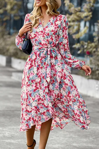 Vista 7 de PrettyGarden Vestido largo bohemio con estampado floral para mujer, manga larga, cuello en V cruzado, volantes, cinturón, acampanado, al tobillo