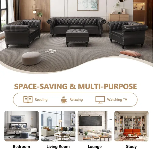 Vista 6 de QHITTY Sofá grande Accent, sofá Chesterfield de 3 plazas moderno de cuero, sofá tapizado con respaldo copetudo para muebles de sala de estar (negro)