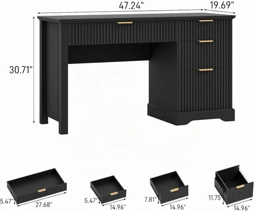 Vista 2 de Vabches Escritorio ejecutivo acanalado con cajones, escritorio de madera para computadora con amplio cajón de archivos, escritorio de oficina