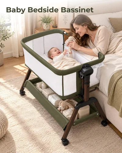 Vista 3 de Cuna de bebé 5 en 1, cama de noche con balanceo suave, 7 alturas, verde