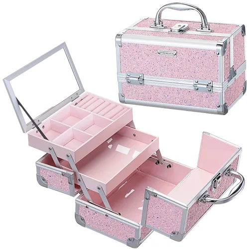 Vista 10 de Estuche de Tren de Maquillaje FRENESSA Caja de Maquillaje Organizador Portátil Estuche de Cosméticos para Viaje Estuche de Maquillaje con Espejo