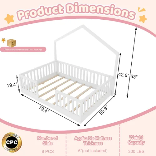 Vista 2 de Cama Montessori Full con rieles altos y luz LED, color blanco