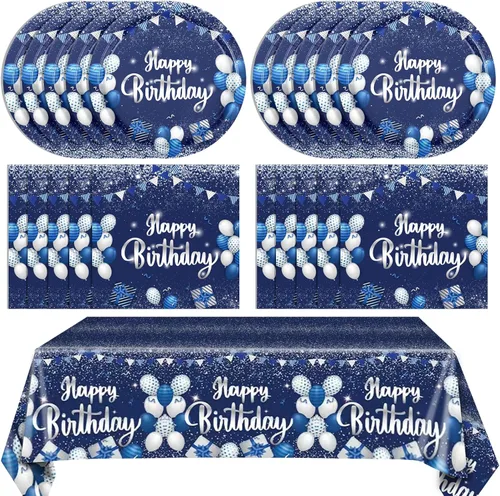 Vista 10 de Juego de 41 piezas de vajilla de decoración de fiesta de cumpleaños azul marino y negro, incluye platos, servilletas, mantel para hombres y mujeres