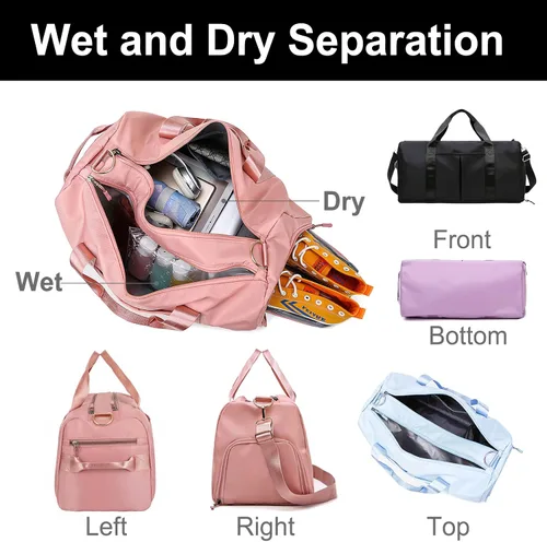 Vista 4 de Bolsa de lona personalizada rosa personalizada gimnasio viaje bolsa deportiva nombre bordado seco húmedo bolsas separadas regalo de dama de honor