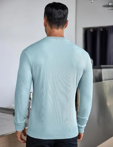 Vista 87 de COOFANDY Camisas Henley de manga larga para hombre, camisetas elásticas acanaladas, camisetas básicas casuales de moda