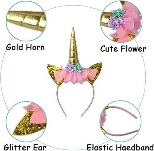 Vista 5 de 2 diademas de cuerno de unicornio, flores, orejas de gato, para fiestas de cumpleaños, Navidad, Halloween, accesorios de fotos, suministros