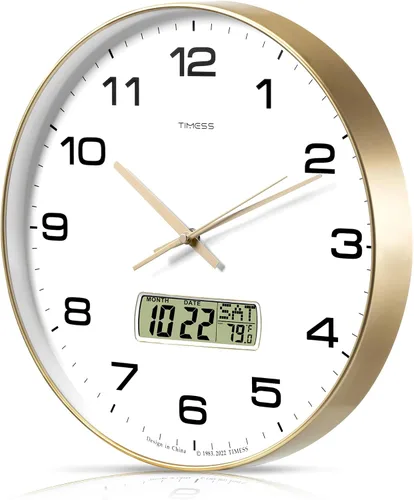Vista 20 de Reloj de pared TIMESS, de 14" con gran esfera silenciosa y sin tictac, funciona con pilas, analógico con pantalla LCD para calendario perpetuo