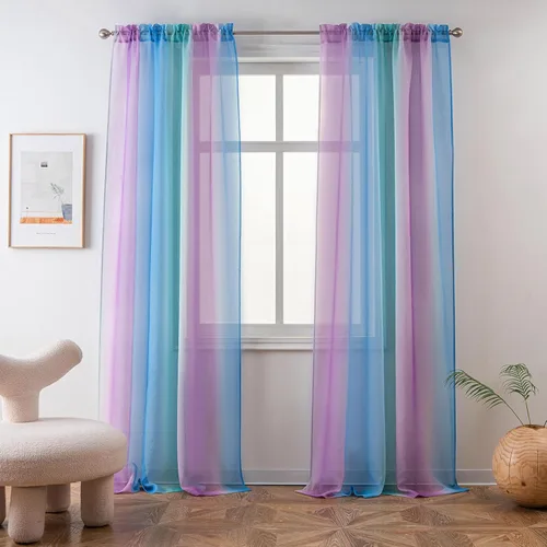 Vista 14 de Cortinas Yancorp traslúcidas de 2 paneles para dormitorio de 63 pulgadas de largo, cortinas de lino azulbeige ombre con bolsillo para barra