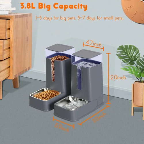 Vista 2 de Dispensador de comida para gatos y dispensador de agua para gatos con cuencos de acero inoxidable, alimentador por gravedad para perros pequeños