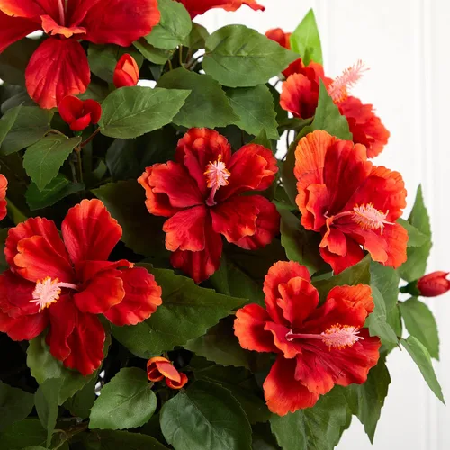 Vista 4 de Nearly Natural 6667 Hibisco con jarrón decorativo de seda, rojo 24 x 24 x 19 pulgadas
