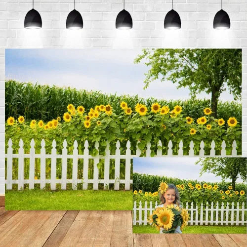 Vista 8 de Leyiyi Telón de fondo de paisaje natural primaveral de 5 x 3 pies, diseño de girasoles amarillos, árbol alto y exuberante, valla texturizada