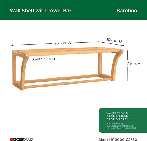 Vista 3 de ClosetMaid Estante de pared de bambú con toallero, estantes de almacenamiento de montaje en pared, estante organizador, acabado natural