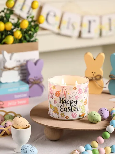Vista 4 de Velas de conejo de Pascua, vela perfumada de jazmín de Pascua, 14 onzas, tarro grande de 3 mechas, regalo de velas de conejo de primavera