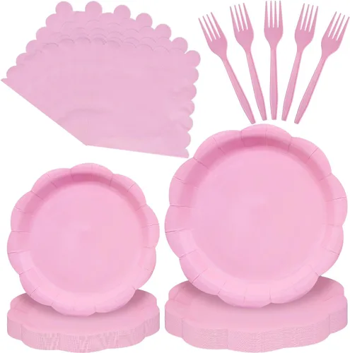 Vista 17 de Juego de vajilla de 96 piezas para baby shower, vajilla desechable de animales del bosque festoneado con platos de papel, servilletas y tenedores