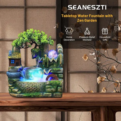Vista 2 de Cascada Zen de escritorio de 14" con efecto atomizador LED y luces, mini fuente de roca para pecera