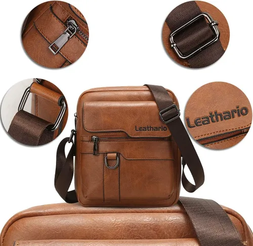 Vista 5 de Leathario Bolso bandolera de cuero para hombre, bolso de hombro para hombre, bolso bandolera para trabajo, negocios, viajes, Marrón claro-83