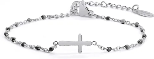 Vista 9 de Pulsera de Cuentas con Cruz Chapada en Oro de 14K para Mujeres, Pulsera de Acero Inoxidable Ajustable con Cruz de Fe Religiosa, Pulsera de Cadena