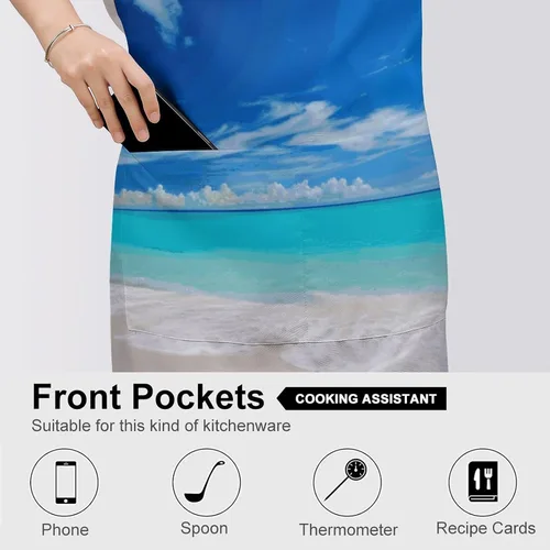 Vista 5 de MUSM White Beach Tropical Sea Apron，Classic Vintage Funny with Pockets Aprons,Adjustable Bib Waterdrop Resistant for Kitchen Cooking Restaurant BBQ
