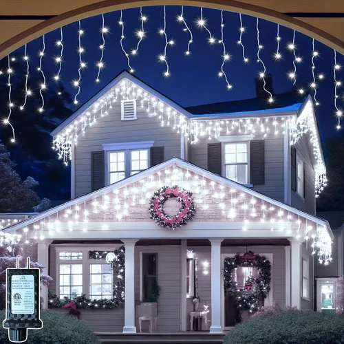 Vista 8 de Luces de carámbano de Navidad de 49 pies, 128 funciones, para exteriores, con 504 LED, 8 modos y temporizador, cortina de luces para exteriores