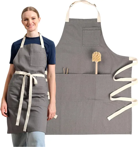 Vista 13 de MEEMA Delantal de chef con bolsillos, talla única, delantales ajustables reciclados para mujeres y hombres, para cocinar, hornear, asar a