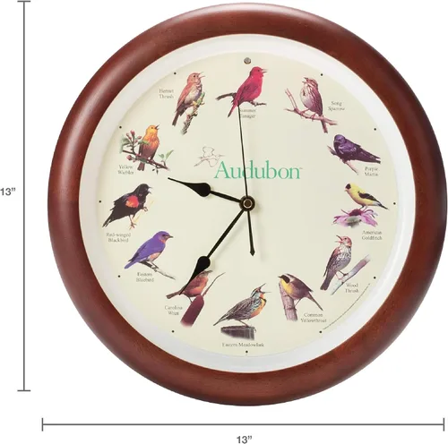 Vista 2 de Mark Feldstein, Audubon - Reloj de pared con diseño de pájaro cantante, 13 pulgadas, cereza prémium