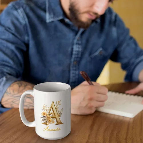 Vista 6 de Taza de cerámica personalizada con letra A del alfabeto, taza de café personalizada con nombre, taza de té inicial con monograma floral