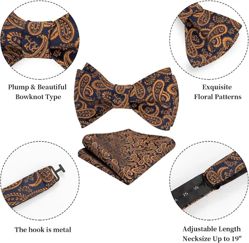 Vista 93 de HISDERN Pajaritas para hombre, corbatín de cachemira para hombre, corbata de lazo y bolsillo cuadrado, juego formal de esmoquin para boda