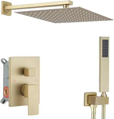 Vista 18 de Sistema de ducha dorado cepillado con cabezal de ducha de lluvia de alta presión de 20.3 cm, cabezal de ducha de mano, juego combinado