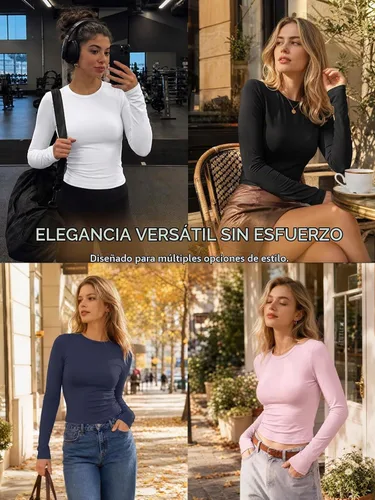 Vista 2 de Trendy Queen Camisetas de manga larga para mujer, camisetas básicas de Verde militar