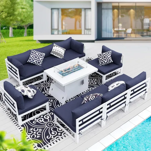Vista 40 de BULEXYARD - Sofá modular de aluminio para exteriores con mesa para fogata, 7 piezas, color verde azulado
