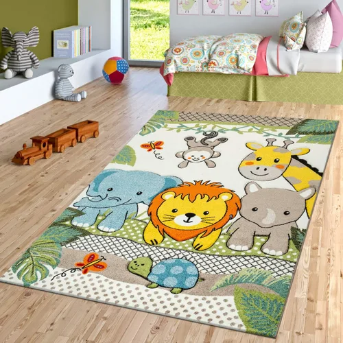 Vista 5 de Paco Home Alfombra de guardería para niños, animales de la selva, locomotora, efecto 3D, color verde crema, tamaño: 4' x 5'7" Crema-verde