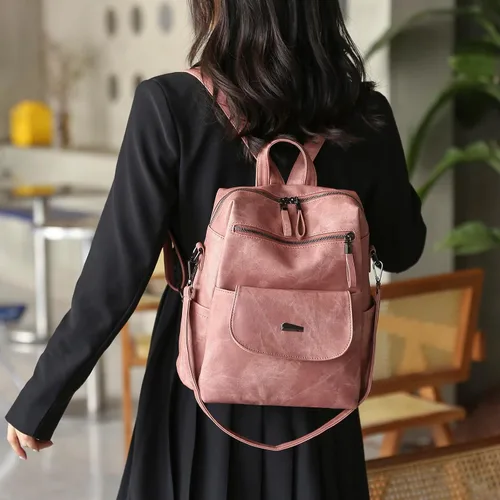 Vista 2 de Bolso tipo mochila para mujer, diseño multiusos, bolsos y bolso de hombro de piel sintética, Rosado, L, Mochilas de viaje casuales escolares