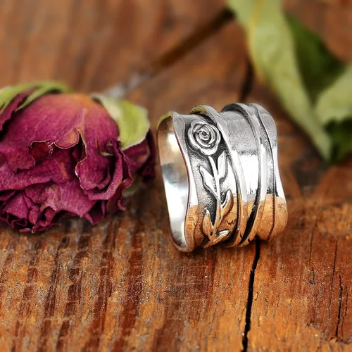 Vista 7 de Boho-Magic Anillo giratorio de plata de ley 925 para mujer, diseño de flor rosa, alivio de la ansiedad, banda ancha