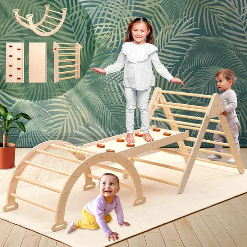 Vista 7 de Pikler - Juego de escalada triangular plegable para niños, 7 en 1, Montessori, grandes juguetes de escalada de madera, gimnasio de selva