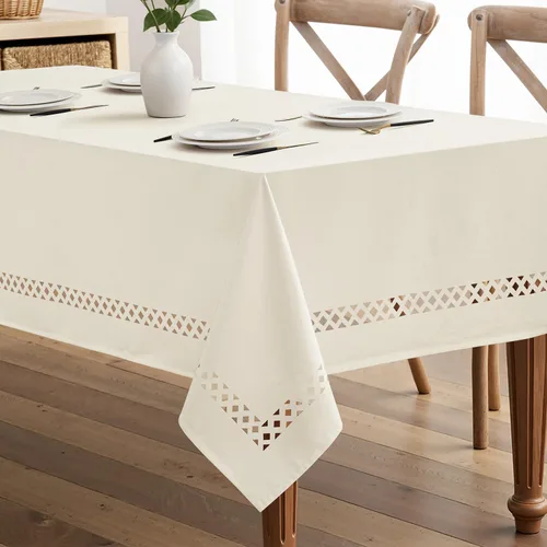 Vista 11 de MIULEE Mantel redondo de poliéster de lino beige con recortes decorativos, impermeable, resistente a las manchas y al encogimiento, 60 x 60