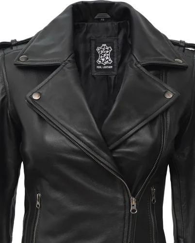 Vista 4 de Chaqueta de cuero para mujer Bomber motocicleta Biker Real piel de cordero chaqueta para mujer