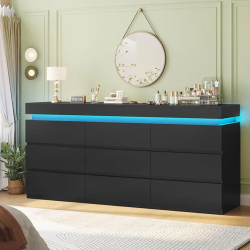 Vista 13 de HAUOMS Cómoda alta de 6 cajones con luz LED, cómoda moderna negra para dormitorio, armarios con cajones para sala de estar, entrada, pasillo