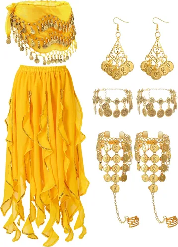 Vista 8 de Haysandy Conjunto de 8 piezas de danza del vientre para mujer, falda de danza del vientre, bufanda de cadera, 2 pulseras, aretes, pulsera de tobillo