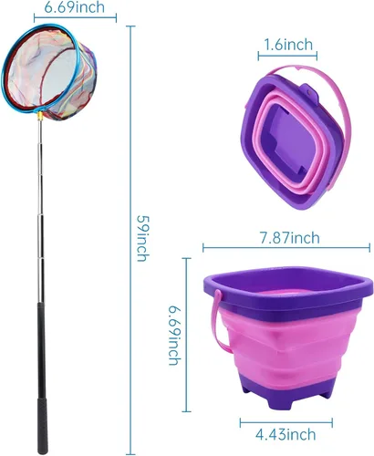 Vista 6 de 2PCS Fishing Net with Bucket, Telescopic Fishing Landing Net, Collapsible Youth Sand Bucket, Youth Fish Butterfly Catching for Freshwater Saltwater