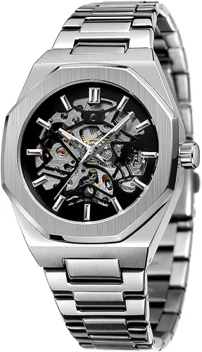 Vista 8 de Tiong Reloj de pulsera mecánico de acero inoxidable de esqueleto de lujo, resistente al agua, negro, automático, para hombre