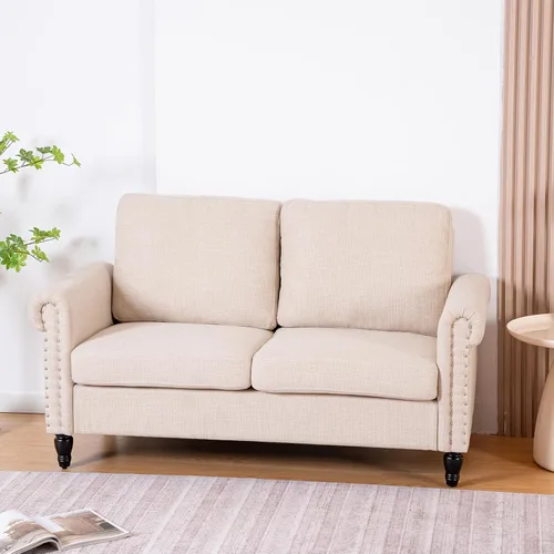 Vista 10 de J.C.UP Sofá biplaza de 57 pulgadas, sofás pequeños para sala de estar con tela de lino, cómodo sofá tapizado para dormitorio con patas de madera Gris